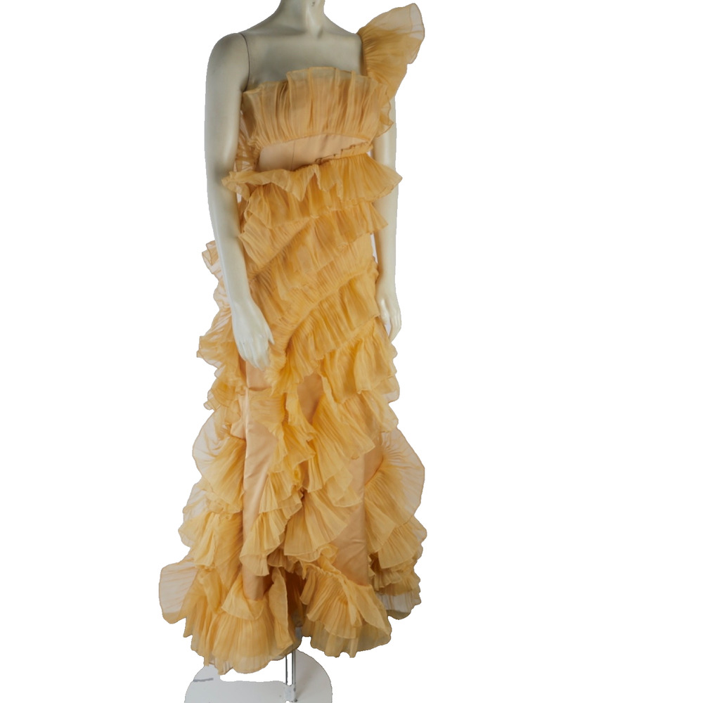 Haute Couture By Joanna Dress Yellow Silk Ruffle Maxi Resort Evening Tiered S
